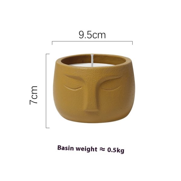 Yellow Ceramic Candle Holder with Face Design, 9.5cm Diameter, 7cm Height